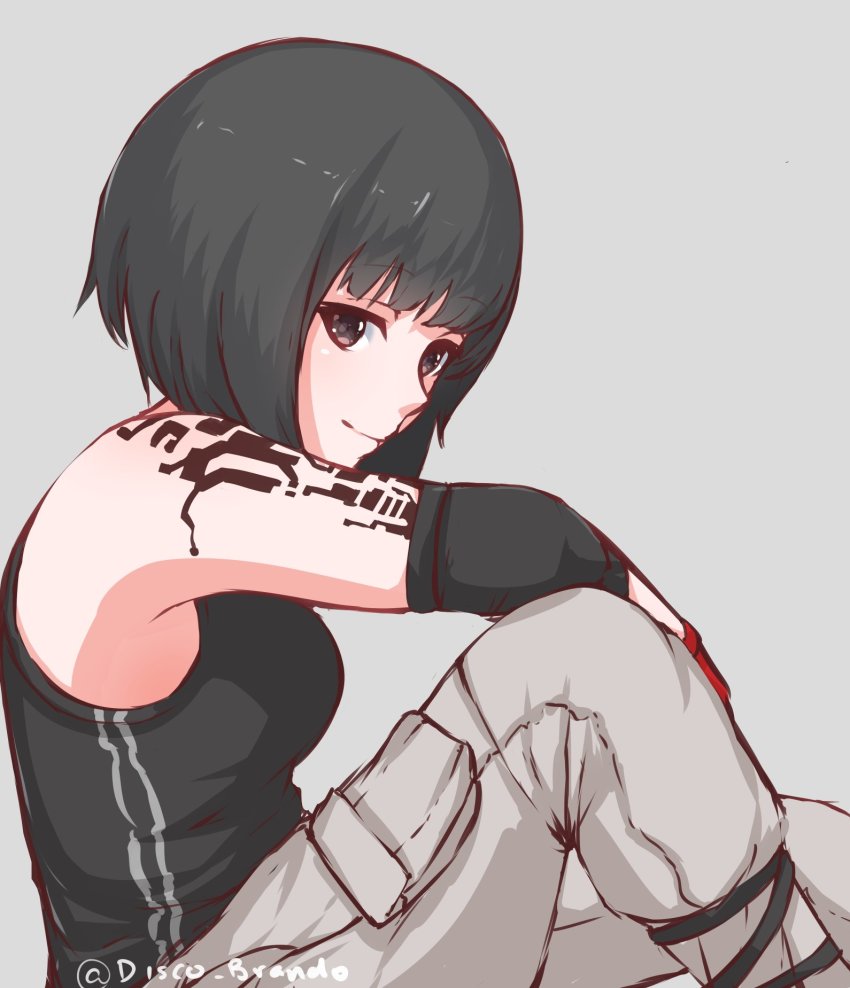 1girl bad_id bad_link bad_twitter_id black_hair black_tank_top breasts brown_eyes disco_brando faith_connors female_focus gloves grey_background grey_pants highres looking_at_viewer medium_breasts mirror&#039;s_edge mirror&#039;s_edge_(series) pants short_hair simple_background sitting smile solo tank_top tattoo twitter_username