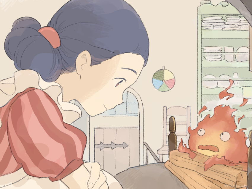 1girl apron black_hair brown_eyes calcifer chair closed_mouth crossover door dress fukaba_mika highres himi_(kimitachi_wa_dou_ikiru_ka) howl_no_ugoku_shiro indoors kimitachi_wa_dou_ikiru_ka log looking_at_another puffy_short_sleeves puffy_sleeves red_dress short_hair short_sleeves white_apron