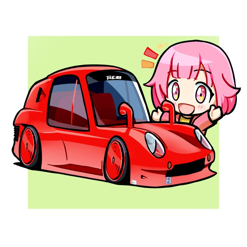 1girl absurdres blush border chibi commentary duz english_commentary flower green_background highres jacket looking_at_viewer lotus lotus_europa notice_lines ootori_emu open_mouth outside_border pink_eyes pink_hair pink_jacket project_sekai shadow shirt simple_background stance_(vehicle) vehicle_focus white_border yellow_shirt