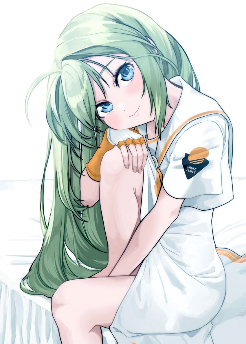 1girl alice_carroll aogirism aria_(manga) blouse blue_eyes blush collared_dress dress fingerless_gloves gloves green_hair hand_rest head_rest head_tilt highres hugging_own_legs knee_up long_dress long_hair looking_at_viewer on_bed orange_planet_uniform parted_bangs shirt simple_background sitting smile solo two-tone_gloves white_background white_dress white_gloves yellow_gloves