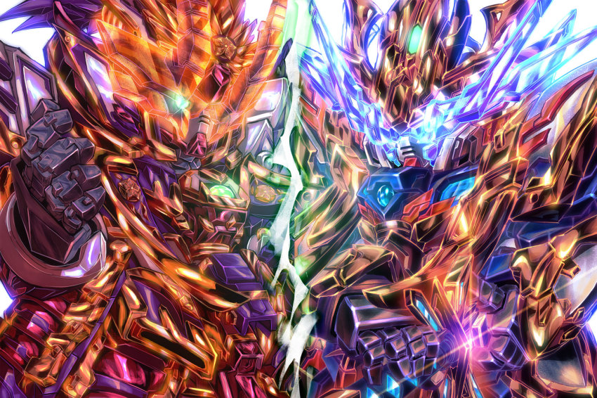 blue_eyes cao_cao_wing_gundam_isei_style glowing glowing_eye green_eyes gundam holding holding_sword holding_weapon looking_ahead mecha no_humans nobunaga_gundam_epyon open_hand robot science_fiction sd_gundam sd_gundam_world_heroes sword uungunover v-fin weapon