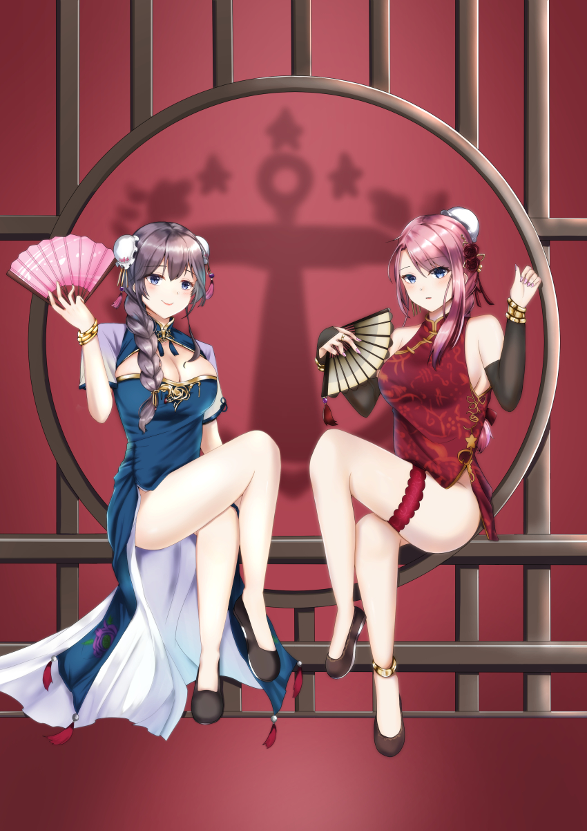 2girls absurdres anchor_symbol ankle_ribbon azur_lane blue_dress braid breasts bridal_gauntlets brown_gloves bun_cover china_dress chinese_clothes cleavage_cutout clothing_cutout crossed_ankles curacoa_(azur_lane) curacoa_(eastern_grace)_(azur_lane) curlew_(azur_lane) curlew_(rhythm_of_the_dragon_empery)_(azur_lane) dress flats flower folding_fan frilled_thigh_strap gloves gold gold_trim hair_between_eyes hand_fan highres holding holding_fan konparu_uran large_breasts leg_ribbon looking_at_viewer multiple_girls pelvic_curtain pink_flower purple_ribbon red_background red_dress ribbon side_braid sitting taut_clothes taut_dress thigh_strap
