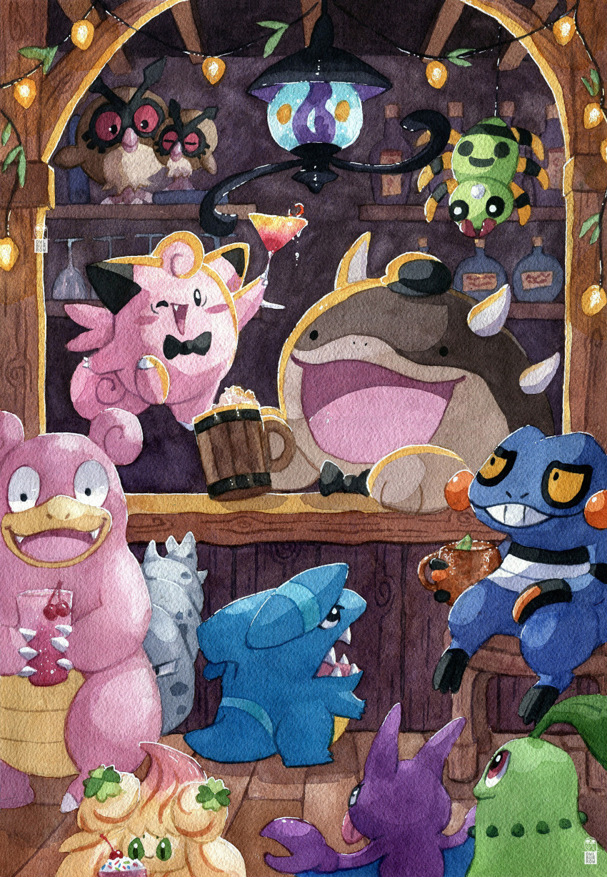 :d absurdres alcremie alcremie_(clover_sweet) alcremie_(ruby_swirl) bar_(place) cherry chikorita clefairy clodsire clothed_pokemon cocktail_glass commentary croagunk cup drinking_glass english_commentary food fruit game_freak gen_1_pokemon gen_2_pokemon gen_4_pokemon gen_5_pokemon gen_8_pokemon gible gligar highres holding holding_cup hoothoot indoors lampent martini nintendo no_humans open_mouth painting_(medium) pokemon pokemon_(creature) slowbro smile spinarak traditional_media trulyavaporeon watercolor_(medium)