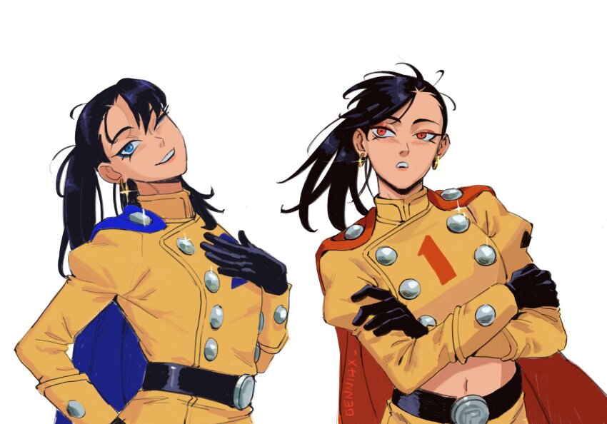 2girls blue_cape blue_eyes blush cape dragon_ball dragon_ball_super dragon_ball_super_super_hero earrings gamma_1 gamma_2 genderswap genderswap_(mtf) genniax gloves highres jewelry multiple_girls navel ponytail red_cape red_eyes red_ribbon_army smile superhero_costume