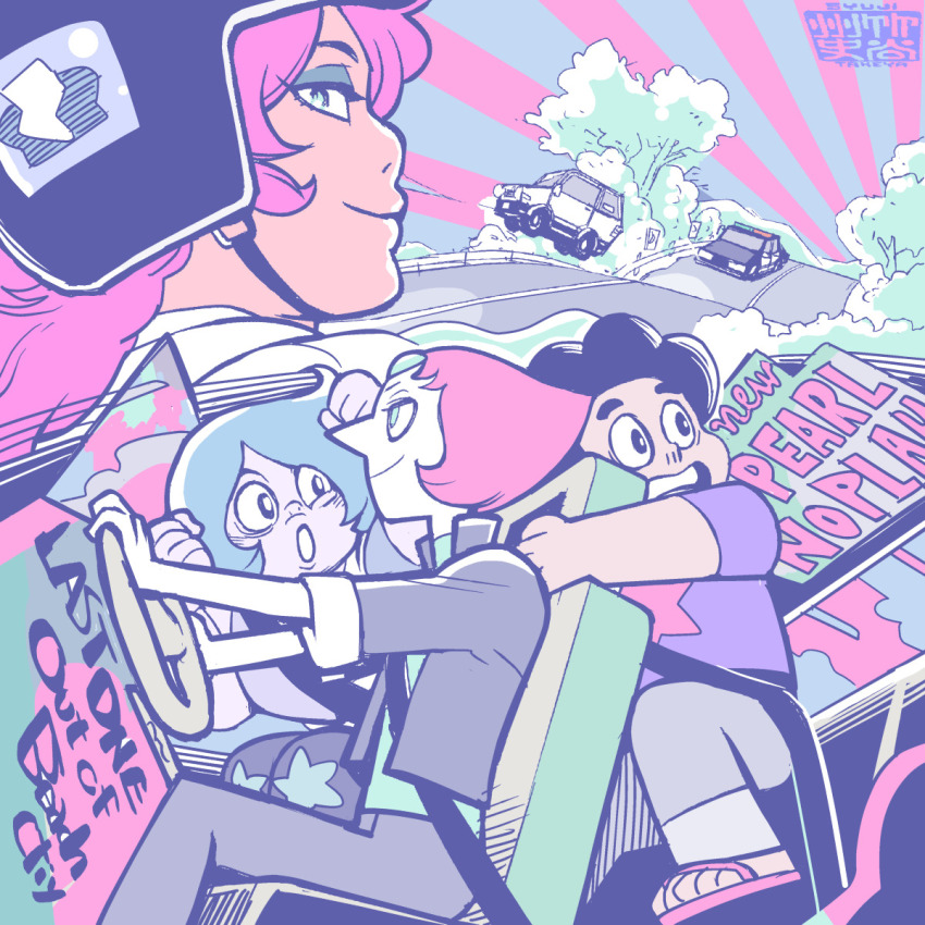 1boy 3girls amethyst_(steven_universe) car english_text highres motor_vehicle multiple_girls mystery_girl_(steven_universe) pearl_(steven_universe) steven_quartz_universe steven_universe syuji_takeya