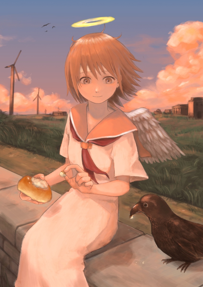1girl absurdres angel angel_wings animal bird bird_feeding bread brown_eyes brown_hair closed_mouth cloud cloudy_sky commentary crow dress dusk eye_reflection feathered_wings feeding feet_out_of_frame food grey_wings haibane_renmei halo highres holding holding_food looking_at_animal neckerchief orange_sailor_collar outdoors plain rakka_(haibane) red_neckerchief reflection sailor_collar short_sleeves sitting sitting_on_wall sky smile solo static_cling traditional_halo white_dress wind_turbine windmill wings yasu_(shijimi_8)