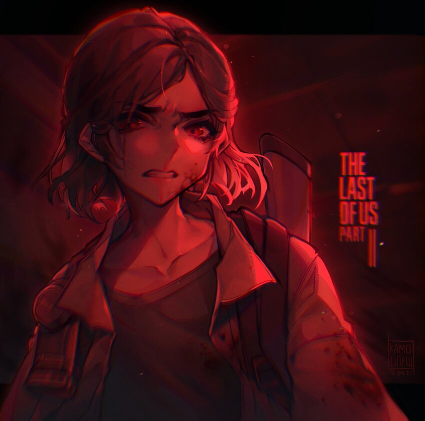 1girl angry backpack bag blood blood_on_cheek blood_on_face buckle clenched_teeth coat collarbone collared_coat commentary copyright_name dated ellie_(the_last_of_us) english_commentary highres kamochiru looking_at_viewer open_clothes open_coat parted_hair red_theme ringed_eyes shirt short_hair signature solo teeth the_last_of_us_(series) the_last_of_us_2 upper_body