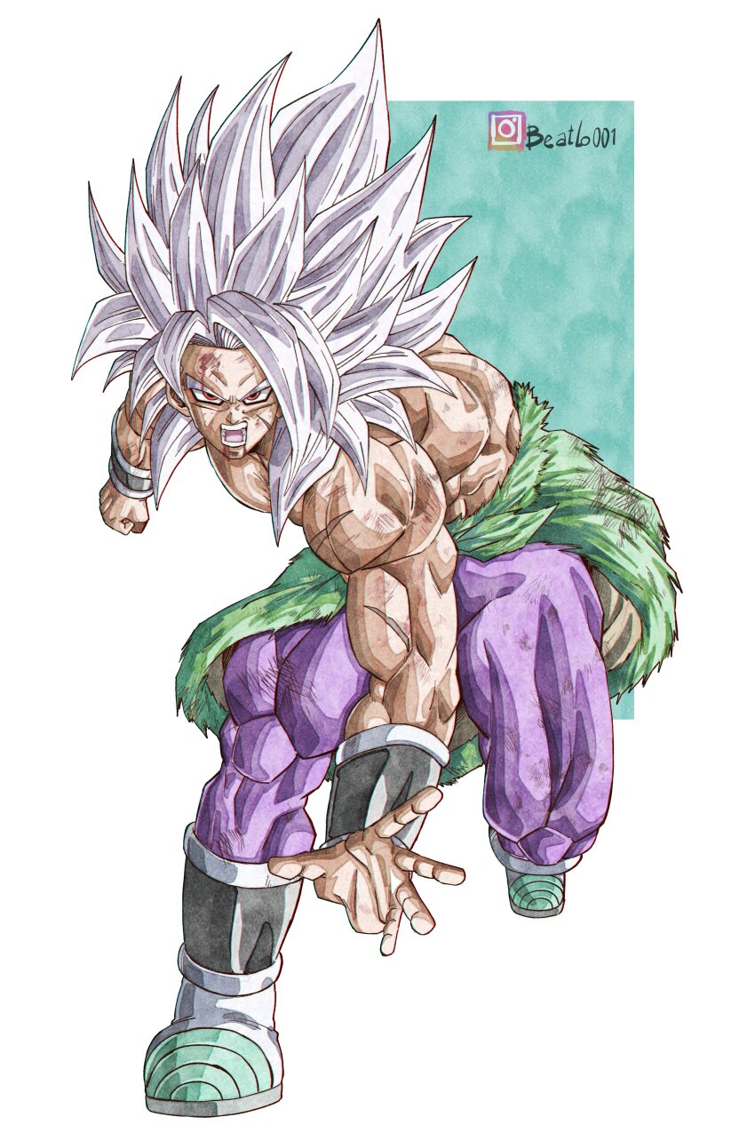 1boy absurdres alternate_form battle_damage beatlo_(rodrigo38658978) broly_(dragon_ball_super) dragon_ball dragon_ball_super dragon_ball_super_broly dragon_ball_super_super_hero full_body gohan_beast highres long_hair male_focus muscular muscular_male pants purple_pants red_eyes scar scar_on_arm scar_on_face solo son_gohan spiked_hair topless_male white_hair