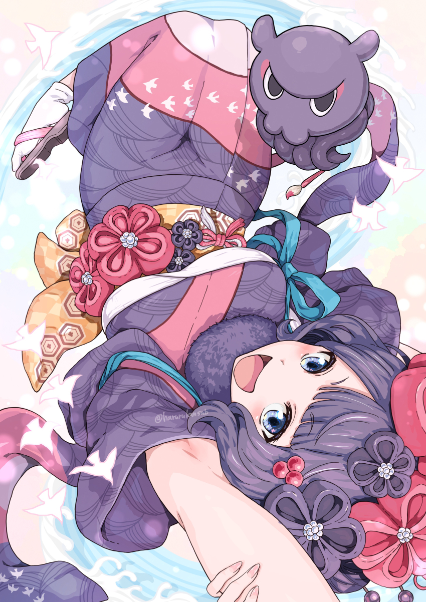 1girl absurdres blue_eyes blush breasts fate/grand_order fate_(series) hair_bun hair_ornament harurukan highres japanese_clothes katsushika_hokusai_(fate) kimono large_breasts long_sleeves looking_at_viewer octopus open_mouth purple_hair purple_kimono red_kimono sash short_hair smile tokitarou_(fate) wide_sleeves