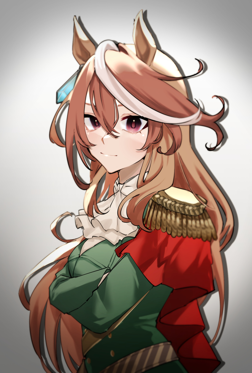 1girl animal_ears ascot brown_hair buttons cape closed_mouth commentary_request crossed_arms double-breasted earrings epaulettes highres horse_ears horse_girl jewelry light_blush long_hair looking_at_viewer purple_eyes red_cape side_cape single_earring single_epaulette smile solo symboli_rudolf_(umamusume) tsukasa_(avdx5538) umamusume upper_body very_long_hair white_ascot