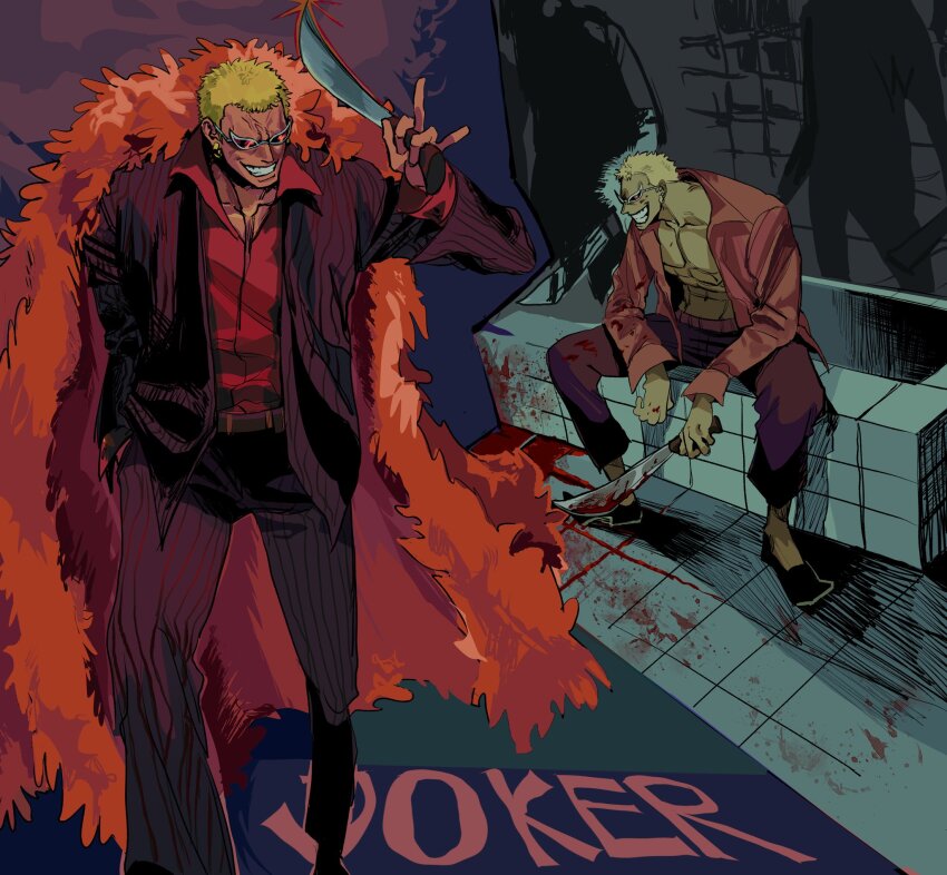 1boy bathtub blonde_hair blood blood_on_clothes blood_splatter coat collared_shirt donquixote_doflamingo earrings eek1j english_text grin highres holding_machete jacket jewelry machete male_focus one_piece open_clothes open_shirt pink_coat purple_jacket red_shirt shirt short_hair sitting smile striped_clothes striped_jacket sunglasses vertical-striped_clothes vertical-striped_jacket walking