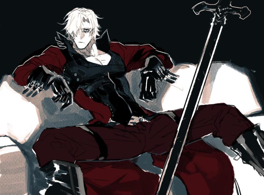 1boy belt bishounen black_gloves closed_mouth coat dante_(devil_may_cry) devil_may_cry devil_may_cry_(series) devil_may_cry_2 gloves hair_over_one_eye hallot looking_at_viewer muscular pectorals rebellion_(sword) red_coat solo spread_legs sword touuax weapon white_hair