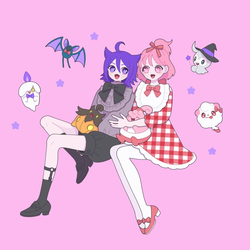 2boys :d ahoge black_footwear black_ribbon black_shorts black_socks castform collared_dress commentary_request crossdressing crossover dress frilled_dress frilled_shirt_collar frills full_body game_freak gen_1_pokemon gen_3_pokemon gen_4_pokemon gen_5_pokemon gen_6_pokemon happiny highres invisible_chair king_of_prism litwick loafers looking_at_another male_focus multiple_boys neck_ribbon nintendo nyaasechan open_mouth pantyhose pink_background pink_eyes pink_hair pink_shoes plaid_clothes plaid_dress pokemon pokemon_(creature) ponytail pretty_rhythm pretty_series pumpkaboo purple_eyes purple_hair purple_shirt red_dress ribbon saionji_leo shirt shoes short_hair shorts simple_background sitting smile socks suzuno_yuu swirlix trap white_pantyhose zubat