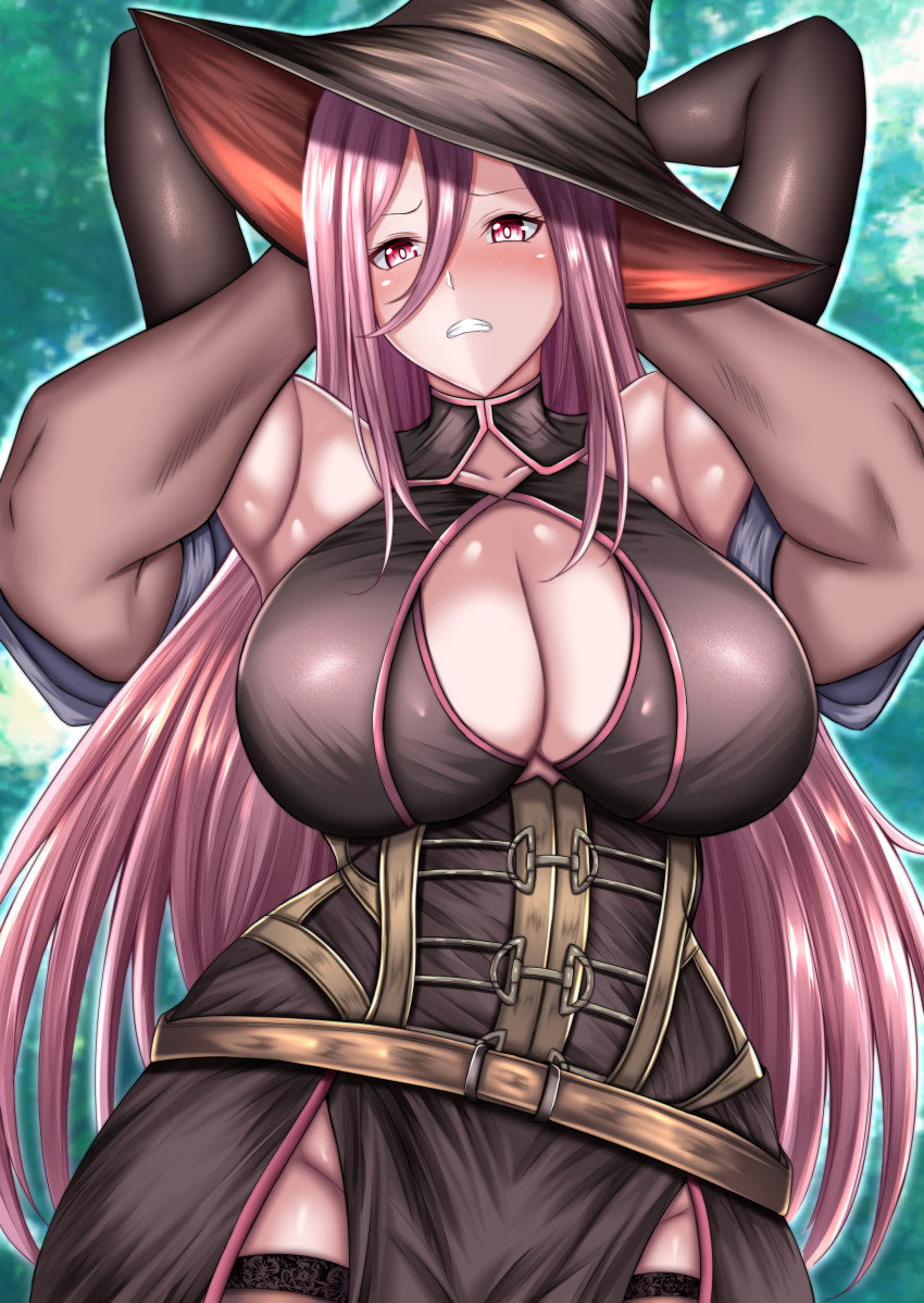 1boy 1girl absurdres armlock armpits bare_shoulders breasts character_request cleavage cleavage_cutout clothing_cutout commission copyright_request dark-skinned_male dark_skin groin hat highres kanna_(minamozuki) large_breasts pelvic_curtain peril pixiv_commission shiny_skin thighhighs thighs witch witch_hat worried