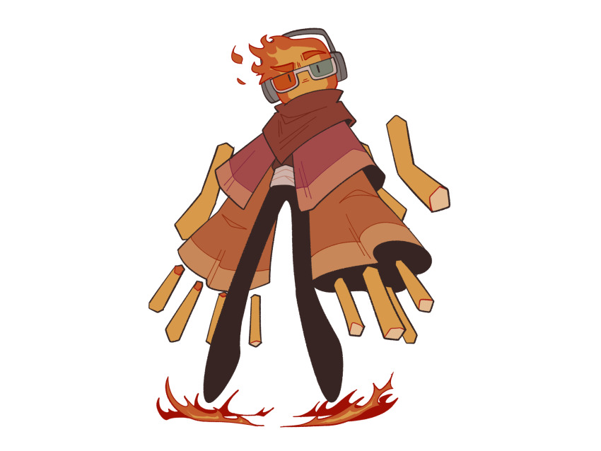 1boy 3d_glasses blaze_(minecraft) blaze_rod capelet commentary english_commentary fiery_hair fire floating full_body headphones highres jack_manifold looking_at_viewer male_focus minecraft minecraft_youtube monster_boy neckerchief origins_smp red_capelet red_neckerchief simple_background solo tachi-e very_long_sleeves vivi_(viridescenttemple) white_background wide_sleeves