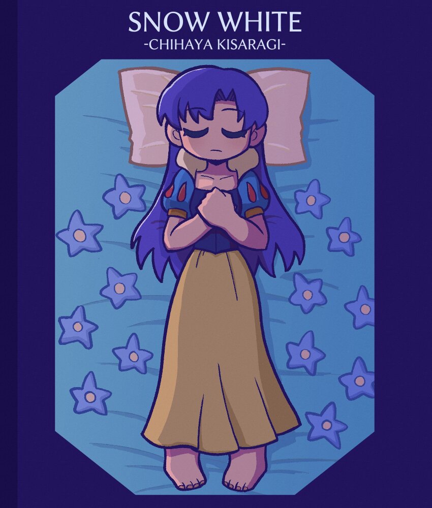 barefoot bed blue_background blue_flower blue_hair breasts brown_eyes cartoonized character_name closed_eyes collarbone cosplay dress english_text fis_(t83192933) flower forehead highres idolmaster idolmaster_(classic) idolmaster_million_live! idolmaster_million_live!_theater_days kisaragi_chihaya long_hair lying on_back on_bed own_hands_together parted_bangs pillow puff_and_slash_sleeves puffy_short_sleeves puffy_sleeves short_sleeves sidelocks sleeping small_breasts snow_white_(disney) snow_white_(disney)_(cosplay) straight-on toon_(style) yellow_dress