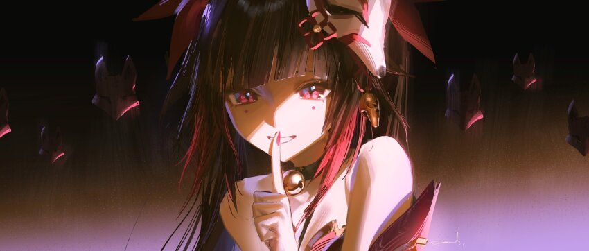 1girl absurdres bell brown_hair duplicate fox_mask highres honkai:_star_rail honkai_(series) long_hair mask nail_polish neck_bell open_mouth red_eyes reoen smile solo sparkle_(honkai:_star_rail)