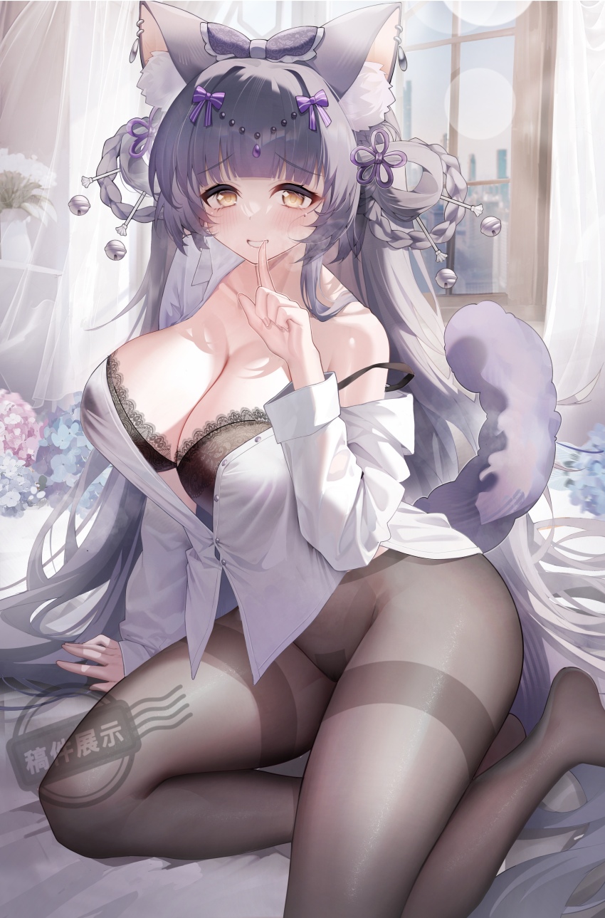 1girl absurdres animal_ear_fluff animal_ears arm_support bare_shoulders bed_sheet black_bra black_pantyhose blunt_bangs blush bow bra braid braided_hair_rings breasts buttons cleavage collarbone collared_shirt commentary curtains day finger_to_mouth flower furrowed_brow hair_bow hair_ornament hair_rings hand_up highres index_finger_raised indoors jihua_tong lace lace-trimmed_bra lace_trim large_breasts lens_flare long_hair long_sleeves looking_at_viewer lying mole mole_under_eye on_bed open_mouth original pantyhose partially_unbuttoned purple_hair shirt shushing sidelocks single_off_shoulder smile solo tail underwear very_long_hair watermark white_shirt window yellow_eyes