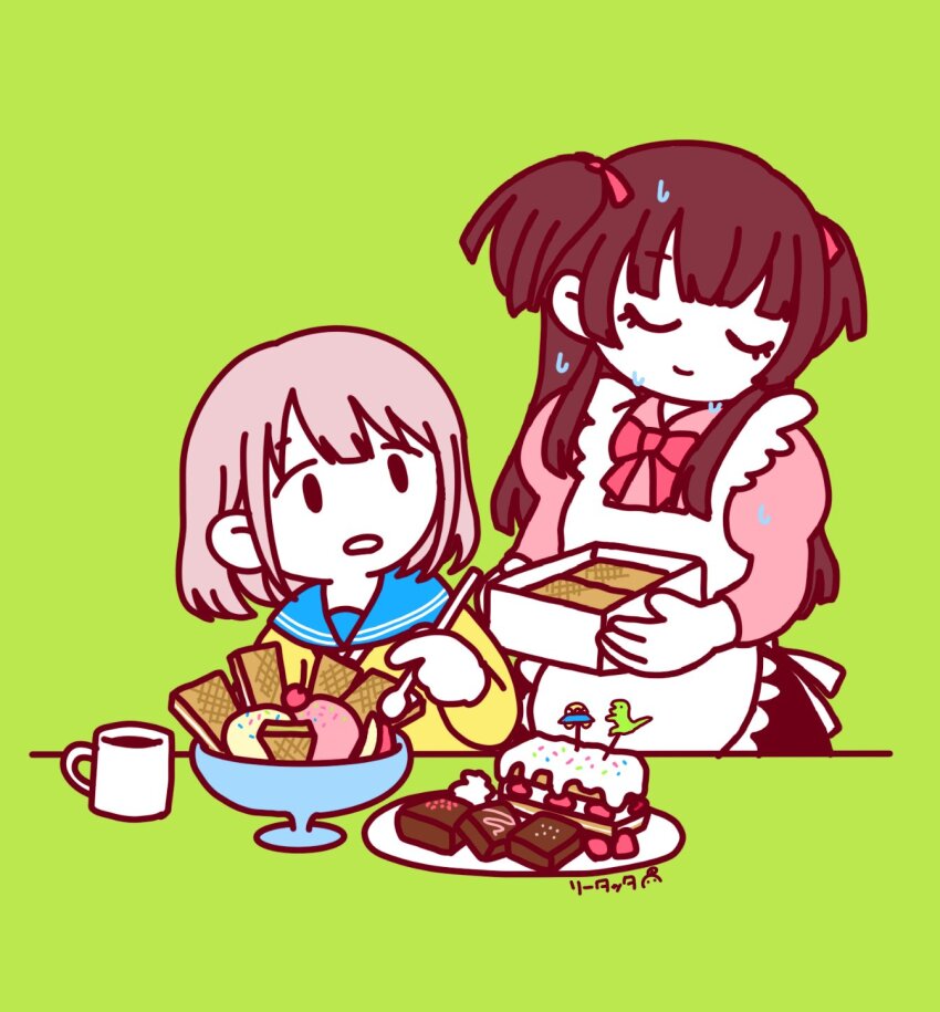 2girls apple apron artist_name black_hair blue_sailor_collar blunt_bangs bow bowtie box brown_eyes brown_skirt cake cherry chocolate closed_eyes closed_mouth cup deformed facing_away food fruit green_background grey_hair hair_ribbon highres holding holding_box holding_spoon ice_cream idolmaster idolmaster_shiny_colors long_hair long_sleeves looking_at_another mayuzumi_fuyuko multiple_girls open_mouth pink_shirt plate pointing pointing_at_object puffy_long_sleeves puffy_sleeves red_bow red_bowtie red_ribbon ribbon ritatta sailor_collar serizawa_asahi shirt short_hair simple_background skirt spoon sweat two_side_up wafer white_apron yellow_shirt