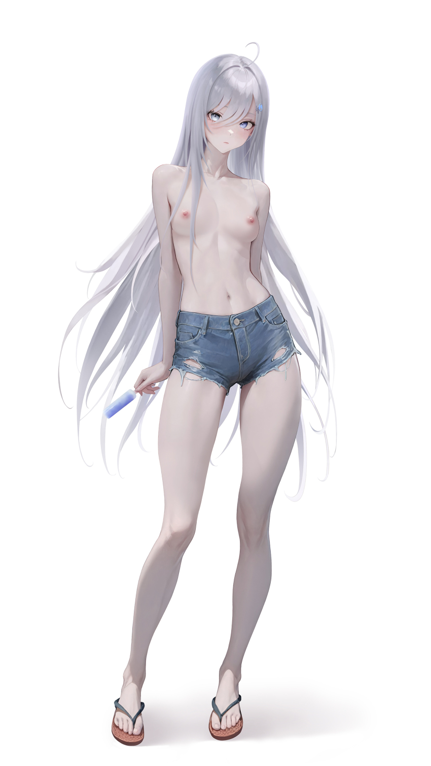 1girl absurdres arm_behind_back blue_eyes blue_shorts breasts cleavage closed_mouth denim denim_shorts expressionless flip-flops food full_body highres holding holding_food holding_popsicle long_hair looking_at_viewer midriff navel nipples nyarko popsicle sandals shibou_yuugi_de_meshi_o_kuu short_shorts shorts simple_background small_breasts solo stomach topless_female very_long_hair white_background white_hair yuuki_(shibou_yuugi)