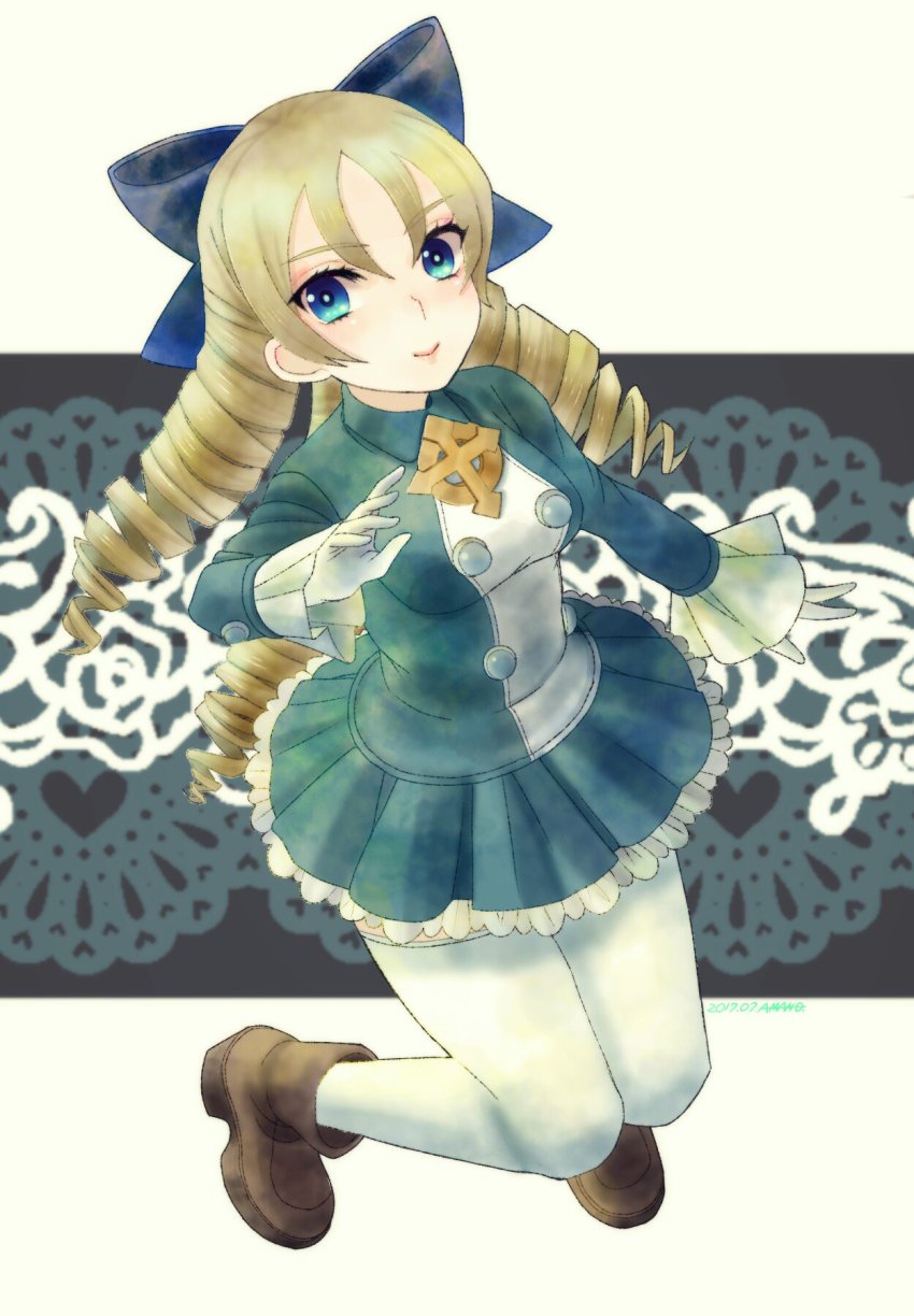 1girl alice_elliot amenoimo blonde_hair blue_eyes bow breasts character_request closed_mouth cosplay dated dress full_body gloves hair_bow highres long_hair looking_at_viewer pantyhose shadow_hearts skirt smile solo thighhighs white_pantyhose white_thighhighs