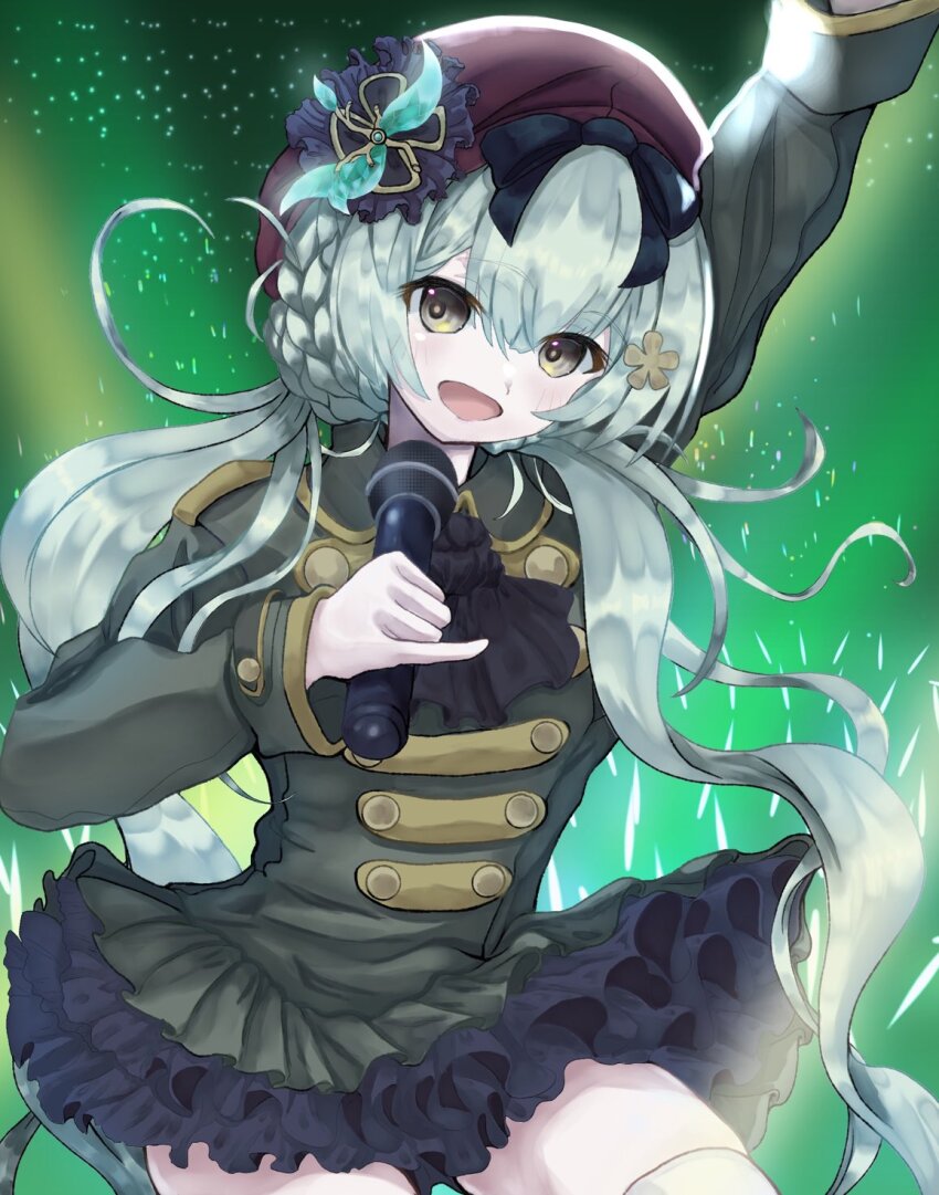 1girl :d aqua_flower arm_up asahi_(pikapikaasahime) assault_lily audience beret black_background black_ribbon braid brown_hat buttons commentary_request cowboy_shot dress floating_hair flower frilled_dress frills glowstick green_dress green_hair hair_between_eyes hair_flower hair_ornament hair_ribbon hand_up hat hat_flower highres holding holding_microphone layered_dress light_blush long_hair long_sleeves looking_at_viewer low_twintails microphone open_mouth pinky_out ribbon short_hair smile solo stage standing thighhighs twintails ueda_imari very_long_hair white_thighhighs yellow_eyes yellow_flower