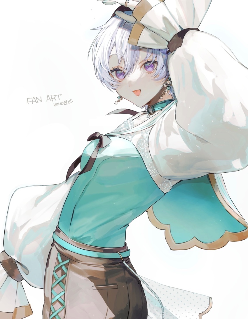 1girl :p belt black_bow blue_belt blue_shirt bow breasts cape choker denim earrings frilled_sleeves frills hand_on_own_head hand_up highres indie_virtual_youtuber jeans jewelry kasuka_rei long_sleeves looking_at_viewer mege_(megechan) o-ring o-ring_choker open_mouth pants polka_dot purple_eyes ribbon-trimmed_legwear ribbon_trim shirt short_hair signature simple_background solo tied_sleeves tongue tongue_out virtual_youtuber white_background white_hair