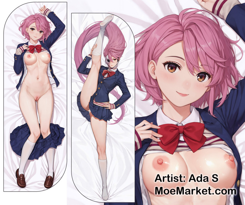 1girl acrobatic_silky_(dandadan) blue_jacket bow dakimakura_(medium) dandadan highres jacket long_sleeves pink_eyes pink_hair red_bow shiratori_aira_(dandadan) short_hair skirt sweater