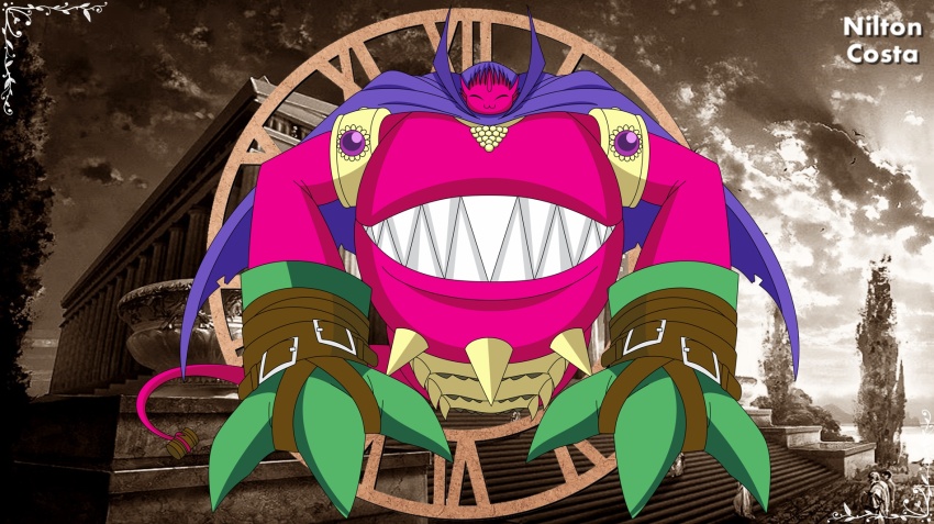 bacchusmon belt cape closed_eyes digimon highres looking_at_viewer nilton_costa olympos_xii sharp_teeth smile spikes teeth