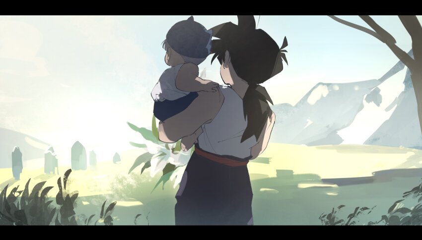 2boys aged_down baby blue_hat carrying dragon_ball dragonball_z hat highres letterboxed long_hair male_focus mountain multiple_boys ponytail roku_(roku_0141) son_gohan son_gohan_(future) tank_top tombstone tree trunks_(dragon_ball) trunks_(future)_(dragon_ball) white_tank_top