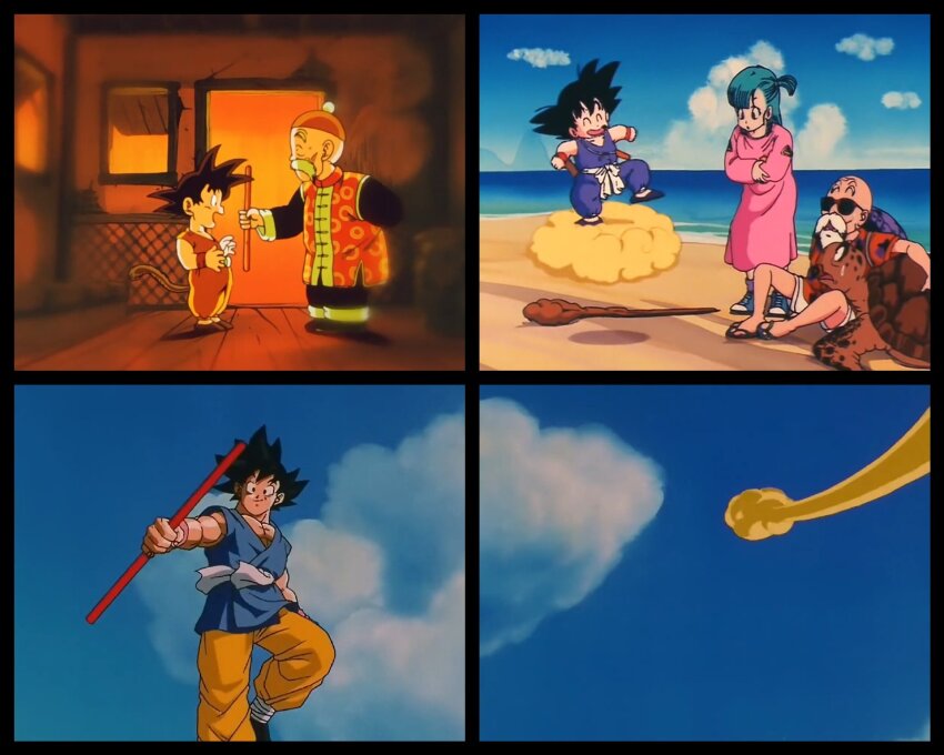 1girl 3boys age_progression beach blue_eyes blue_hair bulma dragon_ball dragon_ball_gt ending flying_nimbus good_end goodbye grandpa_gohan happy highres laughing looking_at_viewer multiple_boys muten_roushi ruyi_jingu_bang old old_man remembering son_goku tagme water