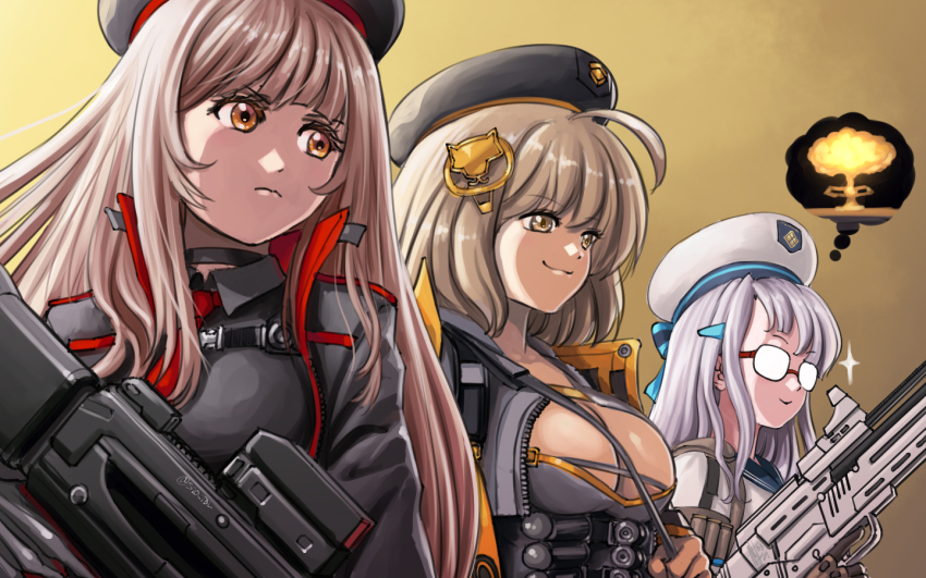3girls ahoge anis_(nikke) beret black_gloves black_jacket breasts brown_eyes brown_hair cat_hair_ornament cleavage collared_leotard counters_(nikke) cropped_jacket explosion glasses gloves glowing_glasses goddess_of_victory:_nikke grenade_launcher hair_ornament hat jacket large_breasts long_hair long_sleeves looking_at_viewer multiple_girls mushroom_cloud necktie neon_(nikke) nuclear_explosion rapi_(nikke) red_eyes red_necktie short_hair smile substance20 thinking weapon white_hair