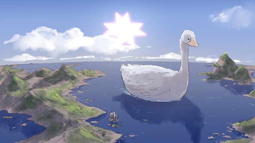 animal animal_focus bird blue_sky cloud day highres mountain no_humans ocean original outdoors oversized_animal popopoka scenery ship sky sun swan water watercraft