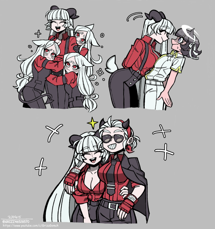 angel animal_ears arm_around_shoulder azazel_(helltaker) baphomet_(grizz) black_horns blind blush breasts cerberus_(helltaker) demon_girl demon_horns demon_tail flustered grey_background greyscale grizz group_hug halo happy helltaker highres horns hug jacket jacket_on_shoulders justice_(helltaker) leaning lineart long_hair metal_gloves monochrome multiple_girls original overalls pants red_shirt sharp_teeth shirt short_hair simple_background sketch smile sunglasses tail teeth traditional_halo triplets vanripper_(style) vest white_eyes white_hair white_pants
