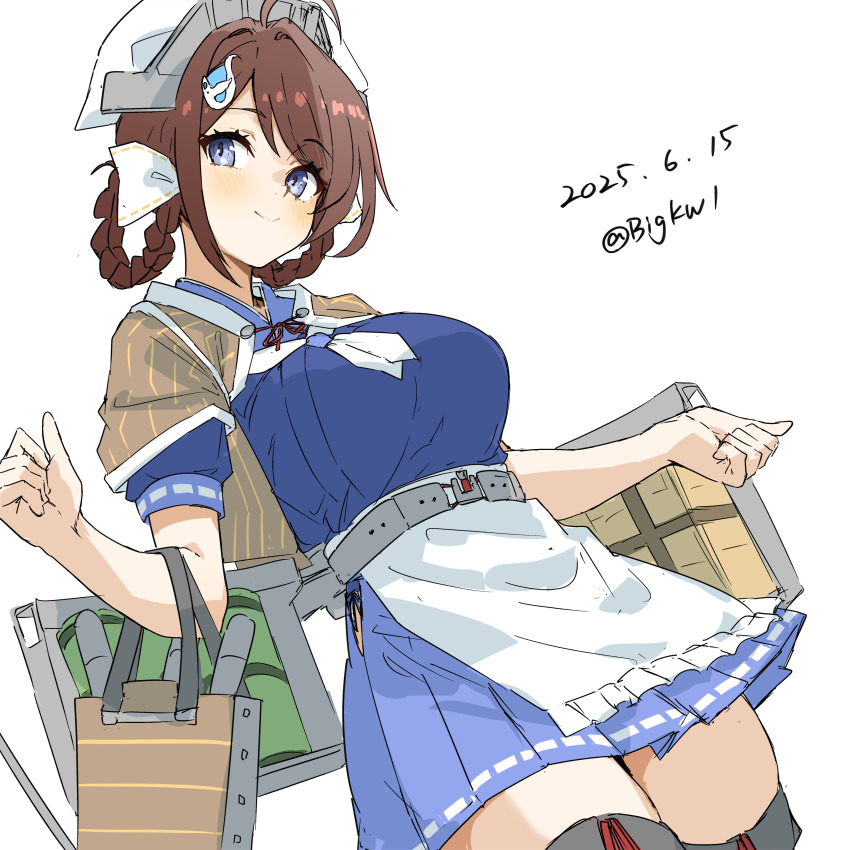 1girl absurdres ahoge apron bandana bigkwl blue_serafuku braid braided_hair_rings breasts brown_hair brown_shawl chougei_(kancolle) cowboy_shot dated grey_eyes hair_ornament hair_rings highres kantai_collection large_breasts long_hair machinery neckerchief one-hour_drawing_challenge school_uniform serafuku shawl short_sleeves solo thighhighs twin_braids twitter_username waist_apron whale_hair_ornament white_bandana white_neckerchief