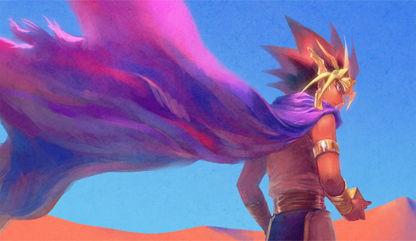 1boy atem cape dark-skinned_male dark_skin desert facing_away floating_cape from_behind gold_armlet male_focus millennium_puzzle outdoors purple_cape sand short_hair solo spiked_hair tunic white_tunic yu-gi-oh! yu-gi-oh!_duel_monsters yuza