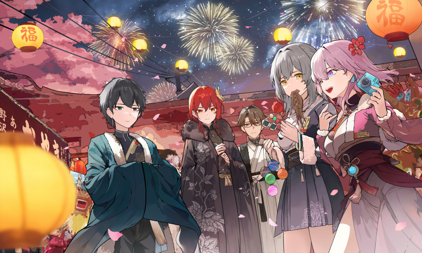2boys 3girls absurdres aerial_fireworks black_dress black_hair black_pants black_shirt black_skirt blue_eyes breasts brown_hair camera closed_mouth clothing_request commentary dan_heng_(honkai:_star_rail) dress english_commentary festival fireworks food food_request glasses green_eyes green_robe grey_hair hair_ornament highres himeko_(honkai:_star_rail) holding holding_camera holding_candy_apple honkai:_star_rail honkai_(series) lantern large_breasts looking_at_another looking_at_viewer march_7th_(honkai:_star_rail) medium_breasts multicolored_eyes multiple_boys multiple_girls night night_sky open_mouth outdoors pants paper_lantern pink_hair purple_eyes red_hair robe ryeon_(naturesan) senbei shirt skirt sky smile stelle_(honkai:_star_rail) trailblazer_(honkai:_star_rail) two-tone_eyes welt_yang yellow_eyes