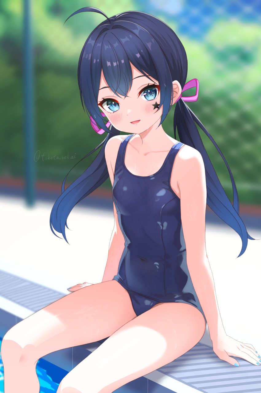 1girl blue_eyes blue_hair blue_one-piece_swimsuit breasts commission day highres indie_virtual_youtuber light_blush looking_at_viewer low_twintails mugen_mochi one-piece_swimsuit outdoors parted_lips petite pixiv_commission poolside school_swimsuit sitting small_breasts smile soaking_feet solo star_sticker swimsuit toketa-sekai twintails virtual_youtuber