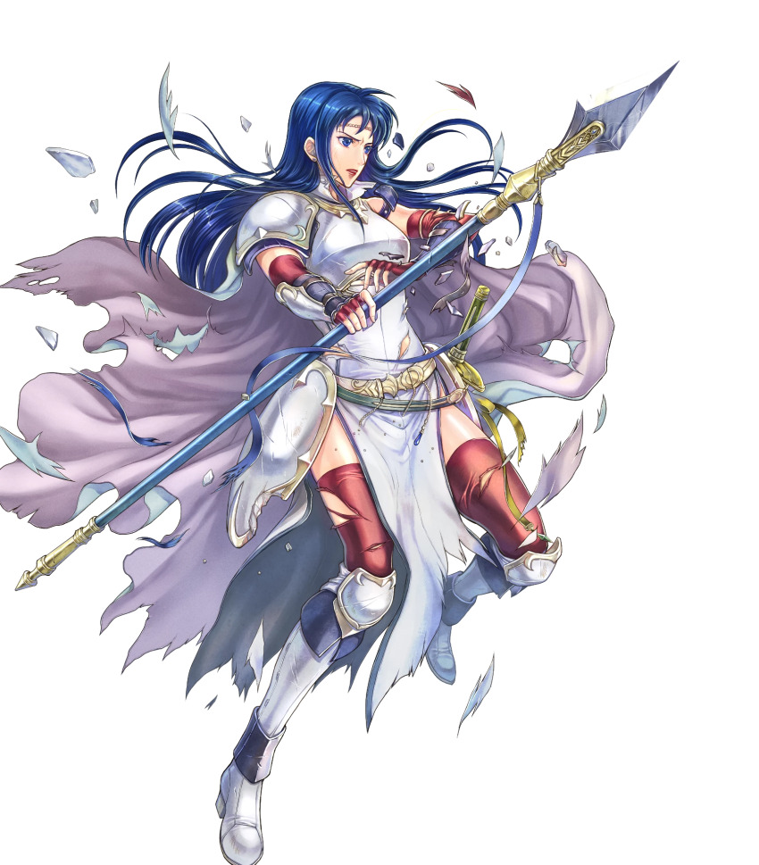 1girl armor blue_eyes blue_hair breastplate cape elbow_gloves fire_emblem fire_emblem:_the_blazing_blade fire_emblem_heroes full_body gloves highres holding holding_polearm holding_weapon isadora_(fire_emblem) long_hair nintendo non-web_source official_art pelvic_curtain polearm shoulder_armor solo sword takaya_tomohide vambraces weapon white_cape
