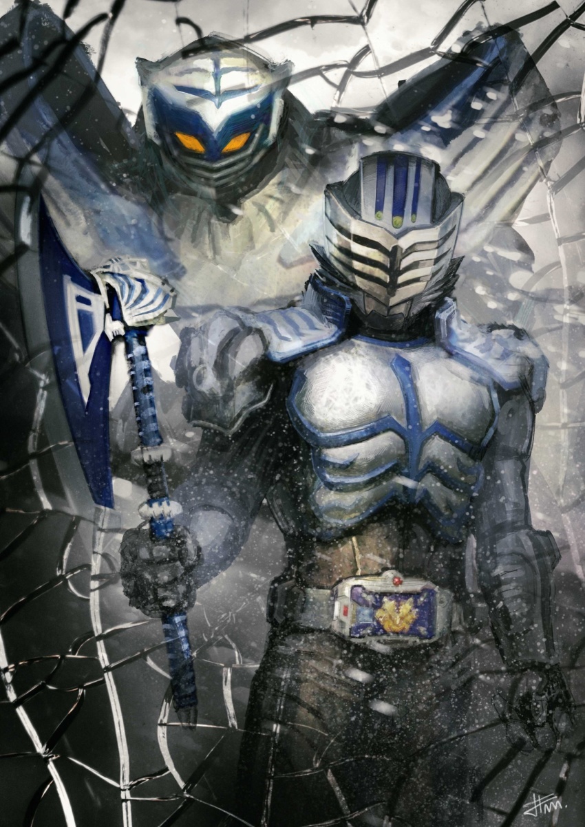 1boy advent_deck armor axe black_bodysuit bodysuit broken_glass broken_mirror chinese_zodiac contract_monster destwilder glass highres holding holding_weapon kamen_rider kamen_rider_ryuki_(series) kamen_rider_tiger mirror monster tiger_stripes v_buckle weapon year_of_the_tiger yellow_eyes yygnzm