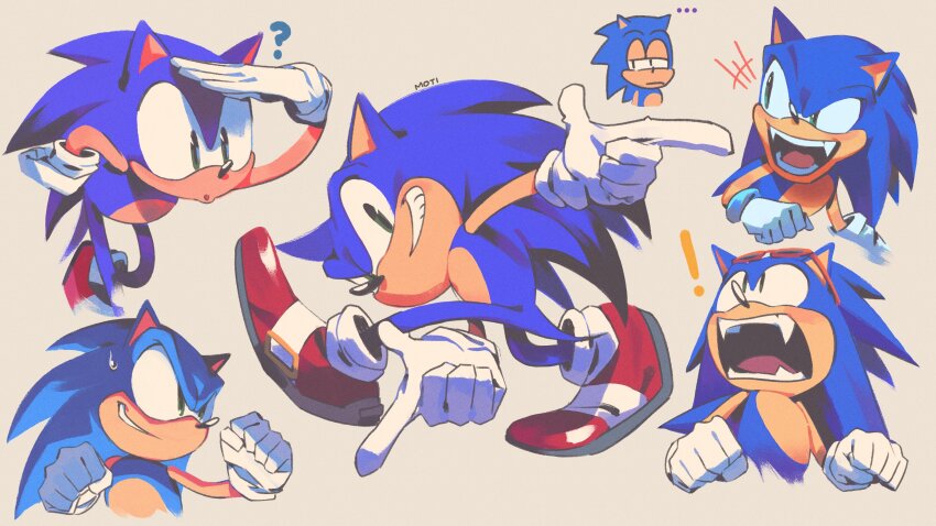 ! ? absurdres blue_fur clenched_hand clenched_teeth collage commentary derivative_work english_commentary fang gloves green_eyes highres looking_up red_footwear smile sonic_(series) sonic_adventure sonic_the_hedgehog supsross teeth white_gloves