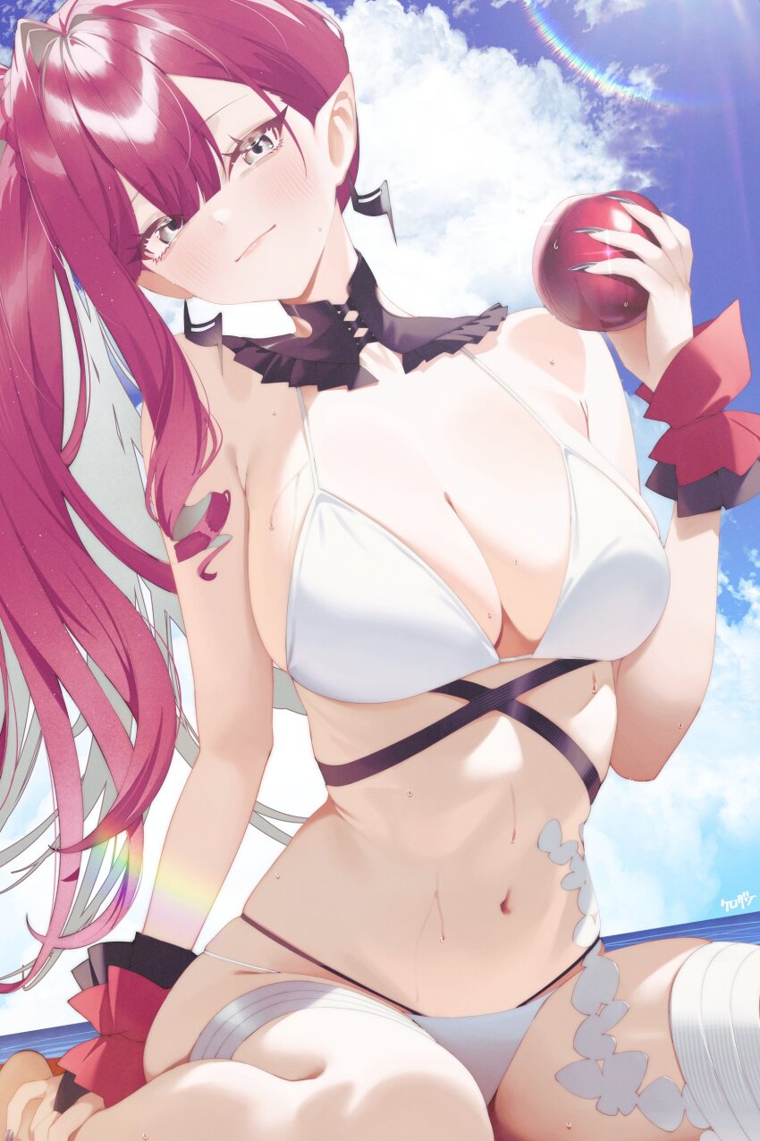 1girl absurdres apple baobhan_sith_(fate) baobhan_sith_(swimsuit_pretender)_(third_ascension)_(fate) bare_shoulders beach bikini blue_sky blush breasts bridal_gauntlets cleavage detached_collar earrings fate/grand_order fate_(series) food fruit grey_eyes highres jewelry kurozawa_yui large_breasts long_hair looking_at_viewer navel pink_hair pointy_ears side_ponytail sidelocks sky smile solo swimsuit thighhighs thighs white_bikini white_thighhighs