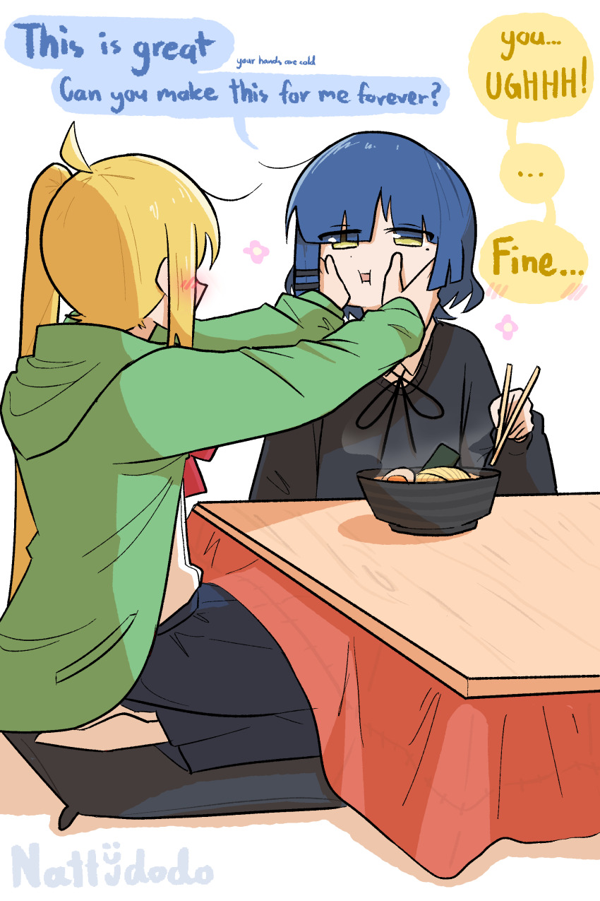 2girls absurdres ahoge black_sweater blonde_hair blue_hair blue_skirt bocchi_the_rock! chopsticks commentary egg_(food) english_commentary english_text floating_flowers food green_hoodie hair_blush hands_on_another&#039;s_cheeks hands_on_another&#039;s_face highres holding holding_chopsticks hood hoodie ijichi_nijika kotatsu multiple_girls nattydodo_002 noodles red_ribbon ribbon school_uniform shimokitazawa_high_school_uniform short_hair side_ponytail simple_background sitting sitting_on_pillow skirt sweater table wariza white_background yamada_ryo yellow_eyes yuri
