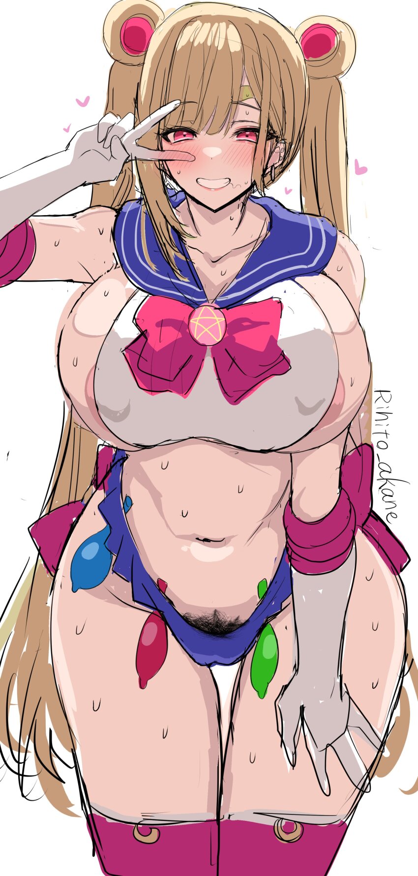 1girl absurdres aftersex bishoujo_senshi_sailor_moon bush condom condom_belt cosplay female_pubic_hair heart highres kitagawa_marin messy nipple_slip nipples pubic_hair pubic_hair_peek rihito_akane sailor_moon sailor_moon_(cosplay) sex sexually_suggestive sketch smile solo sono_bisque_doll_wa_koi_wo_suru twitter_username used_condom v