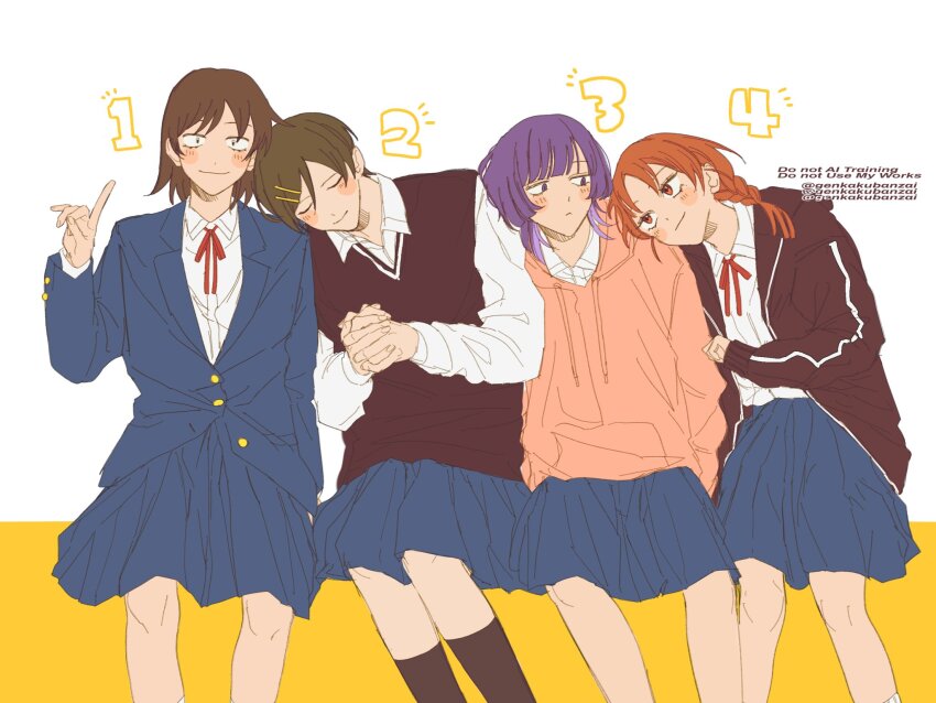4girls black_jacket black_socks black_sweater_vest blazer blue_jacket blue_skirt blunt_bangs blush braid brown_hair closed_eyes closed_mouth collared_shirt commentary_request dress_shirt eye_contact fujii_ayame futsuu_no_keion-bu genkakubanzai hair_ornament hairpin hatono_chihiro head_on_another&#039;s_shoulder heartbreak_(futsuu_no_keion-bu) highres hood hood_down hoodie index_finger_raised interlocked_fingers jacket kouyama_rin lapels long_hair long_sleeves looking_at_another mole mole_under_eye multicolored_hair multiple_girls neck_ribbon notched_lapels open_clothes open_jacket orange_eyes own_hands_clasped own_hands_together parted_bangs pixie_cut pleated_skirt purple_eyes purple_hair ranking red_ribbon ribbon school_uniform shirt shirt_tucked_in short_hair sitting skirt smile socks sweater_vest twin_braids twintails two-tone_hair u_u uchida_momo white_shirt wing_collar wolf_cut