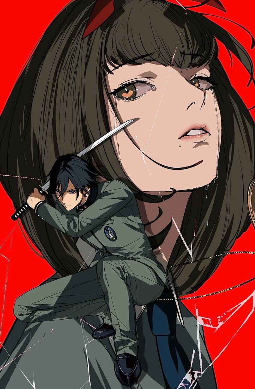 1boy 1girl amikoiiko black_footwear black_hair blouse blue_eyes blue_necktie brown_eyes brown_hair coat_of_arms collared_shirt commentary compact_(cosmetics) cosmetics crack cracked_glass crying earrings english_commentary ermine full_body gakuran green_gakuran green_jacket green_pants green_shirt hair_ribbon head_tilt highres holding holding_sword holding_weapon jacket jewelry katana looking_at_viewer looking_down looking_to_the_side looking_up mole mole_under_mouth necklace necktie pants penny_loafers persona persona_1 pink_lips portrait red_background ribbon school_emblem school_uniform shirt short_hair simple_background single_earring sonomura_maki squatting st._hermelin_school_uniform streaming_tears sword tears teeth toudou_naoya weapon weasel
