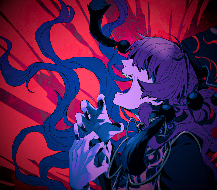 1girl black_dress black_headdress black_nails blonde_hair bow bowtie chinese_clothes covered_eyes crazy_eyes dalachi_(headdress) dress fingernails floating_hair headdress highres junko_(touhou) junko_day long_hair long_sleeves nail_polish open_mouth raya_(uk_0128) red_background red_eyes screaming sharp_fingernails tabard teeth touhou very_long_hair wide_sleeves yellow_bow yellow_bowtie