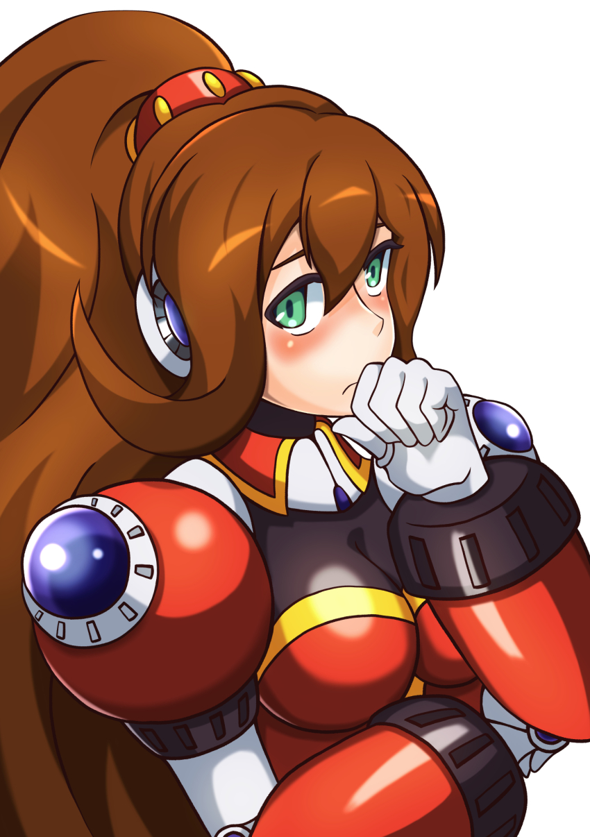 1girl android blush breasts brown_hair clenched_hand closed_mouth covered_mouth frown gloves green_eyes hand_on_own_face high_collar high_ponytail highres iris_(mega_man) iris_-another-_(mega_man) joints kotatuman_dash long_hair looking_at_viewer medium_breasts mega_man_(series) mega_man_x_(series) mega_man_x_dive military military_uniform ponytail robot robot_ears robot_girl robot_joints shoulder_jewel simple_background solo upper_body very_long_hair white_background white_gloves