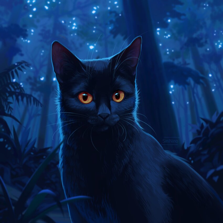 absurdres black_cat cat forest highres looking_at_viewer nature ndaranyan night no_humans orange_eyes original outdoors solo tree