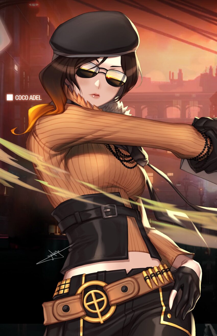 1girl belt black_gloves black_hat black_pants brown_belt brown_hair bullet character_name city closed_mouth coco_adel commentary english_commentary fur_trim gloves hand_on_own_hip hat highres jewelry motion_blur necklace official_art orange_sweater pants partially_fingerless_gloves rwby signature solo sunglasses sweater uyalago